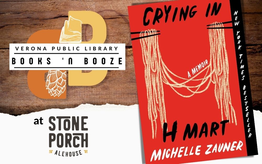 "Crying in H Mart" book cover with Stone Porch Alehouse logo and VPL Books 'n Booze logo