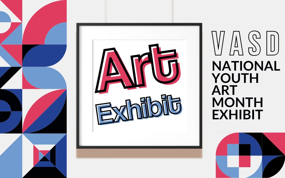 bold neon shapes with a hanging frame that says "Art Exhibit"