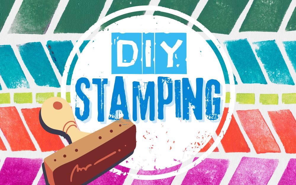colorful geometric stamped background with a stamp illustration in the front