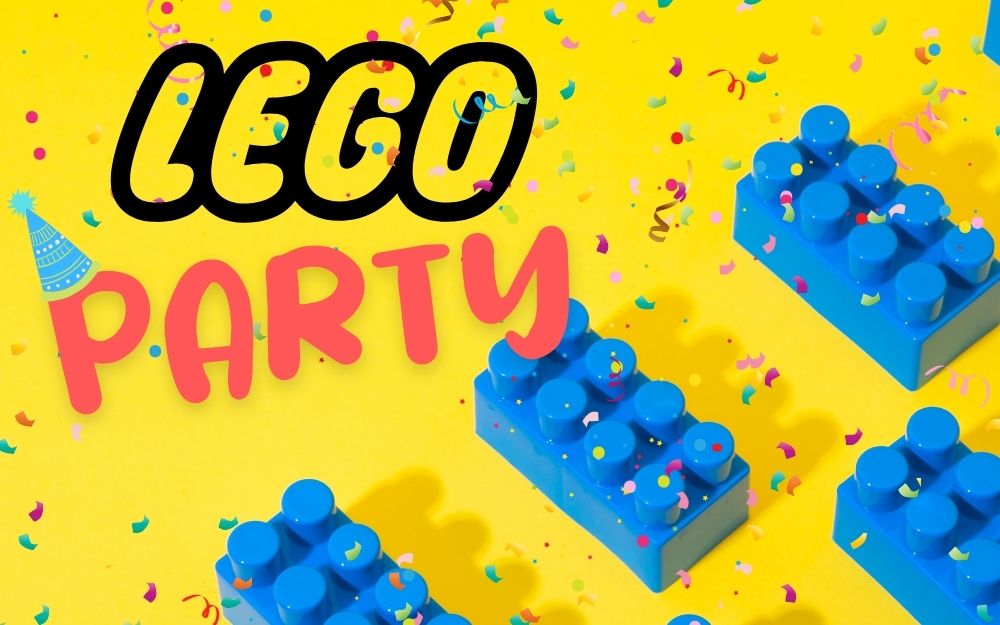 blue legos with confetti and a party hat