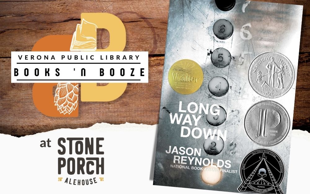 Long Way Down bookcover with Books 'n Booze and Stone Porch Alehouse logos