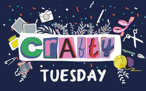 craft supply illustrations with magazine cut-out text that reads "crafty tuesday"