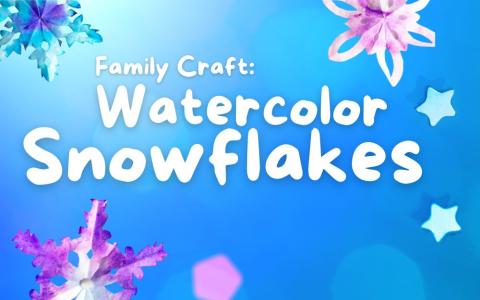 snowflakes painted with watercolors against a fun blue background with stars