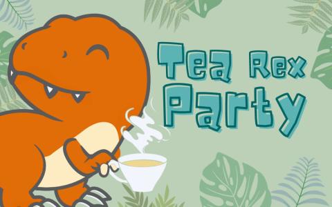 an orange t-rex dinosaur drinking tea