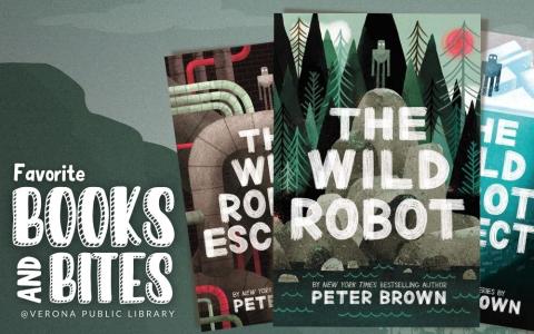 dark green mountain with "The Wild Robot" books