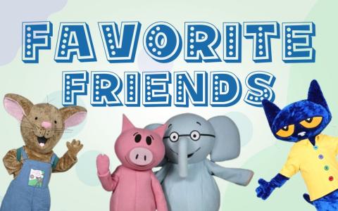 "Favorite Friends" text with image of cookie mouse, elephant and piggie, and Pete the cat costumes