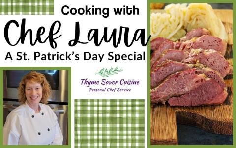 Image of Corned Beef and cabbage on a cutting board with a smiling chef, and green plaid