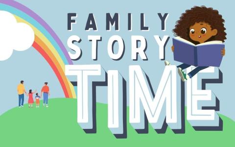 a cartoon girl reading with a rainbow and a family walking towards story time