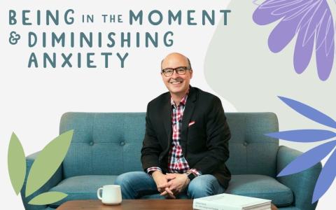 relaxing stylized flowers and leaves in purple and blue with an image of Joey Donovan Guido sitting on a couch smiling