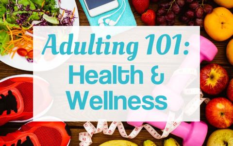 healthy food, work out equipment, running shoes, and headphones