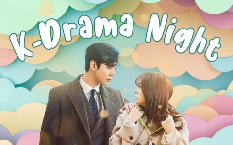 actors from a Korean Drama with looking at each other intently with a fun pastel cloud background and bokeh light