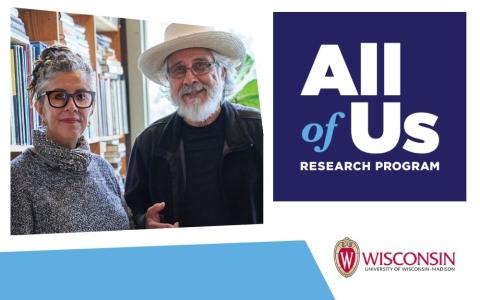 man in a hat and woman in glasses standing next to books and "all of us research program" and "University of Wisconsin-Madison" logos