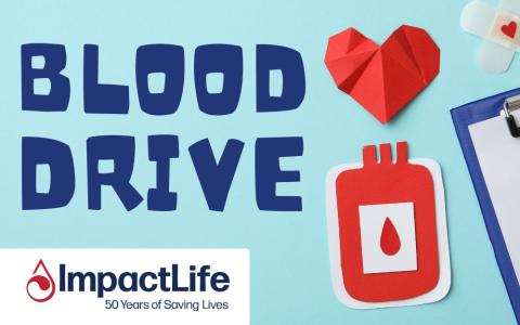 paper heart and paper cut out blood donation with "Impact Life" logo