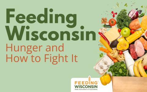 Bag of groceries and "Feeding Wisconsin" logo