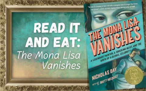 painting in a fancy gold frame and "The Mona Lisa Vanishes" book cover