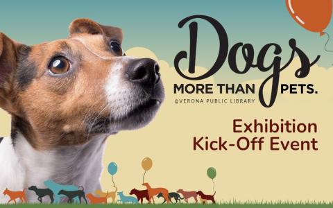 Jack Russell Terrier with clouds in the background and "Dogs" exhibit logo. Small dogs are parading with balloons in the foreground