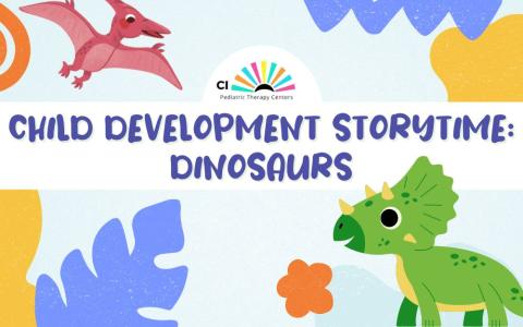 fun hand drawn shapes and two dinosaurs (triceratops and pterosaur) with CI Pediatric Therapy Centers logo