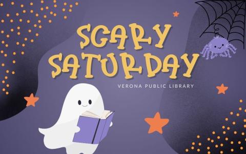 cute smiling cartoon ghost reading and cute spider on a web