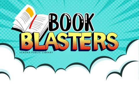 cartoon action background with clouds, a book and "book blasters" logo