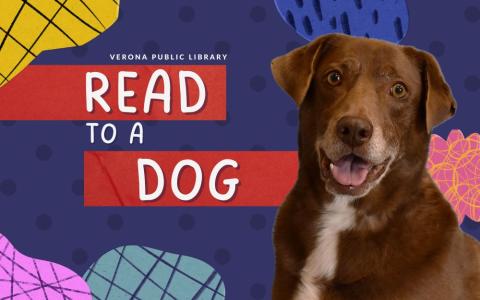 A brown dog smiling with colorful shapes and text "Read to a dog"