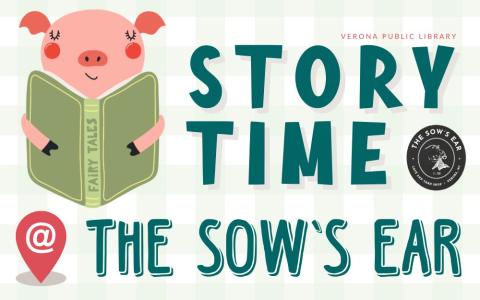 a cute pig reading a book of fairy tales with the "Sow's Ear" logo