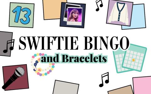 colorful bold squares with microphone, friendship bracelets, bingo cards, cardigan, music notes, number 13 and polaroid photo with image of Taylor Swift