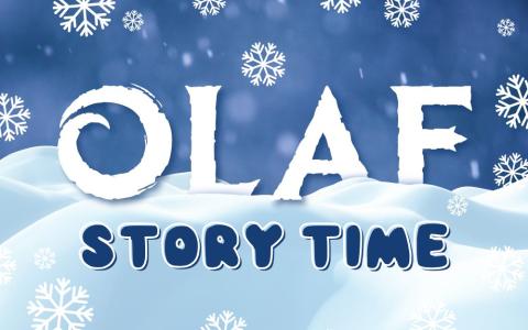 snow with snowflakes and a icey font that says "Olaf Story Time"