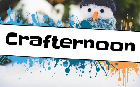 a tiny snowman with paint splatter and "crafternoon" logo