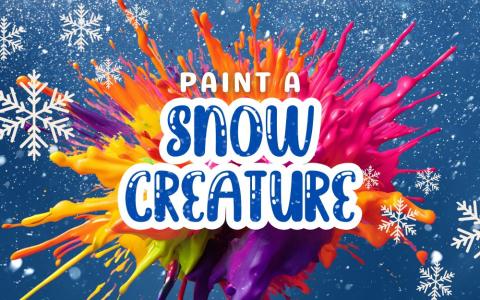 splashes of paint with snow in the background and big snowflakes in front.