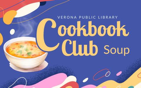 bowl of red soup with the "cookbook club" logo