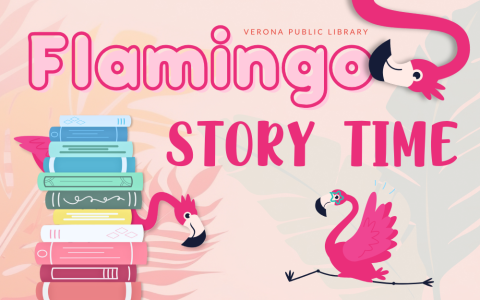 silly flamingos hiding behind books, leaping, and hanging upside down