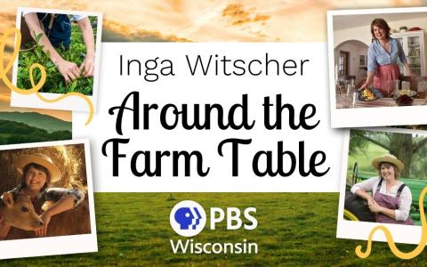 photos of Inga Witscher setting the table, with a cow, and in overalls next to a tractor with a photo of a farm at sundown in the background