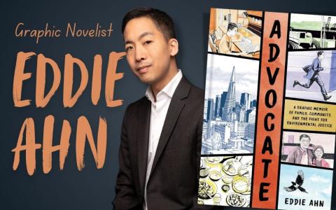 photo of Eddie Ahn with a copy of the graphic novel, "Advocate: A Graphic Memoir of Family, Community, and the Fight for Environmental Justice"