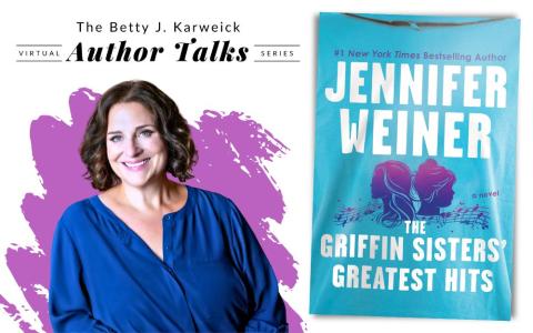 portrait of author Jennifer Weiner next to her book, "The Griffin Sisters' Greatest Hits"