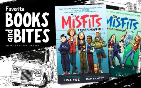 "The Misfits" book covers with drawings from the book in the background