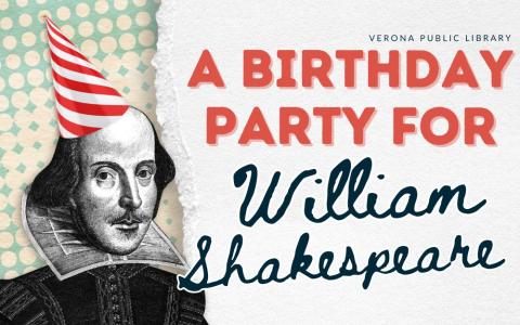 Illustration of Shakespeare in a birthday party hat and a retro mint and cream polka dot background
