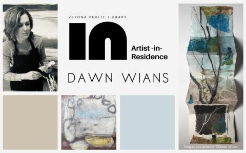 Image of Dawn Wians working in the studio with subtle color blocks and two examples of her art