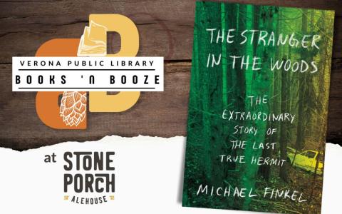 "The Stranger in the Woods" book cover on a wood tabletop with drink ring and the "Books 'n Booze" logo