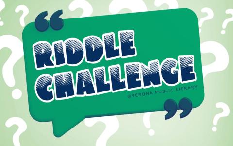 3d speach bubble with big text that says "riddle challenge" and question marks in the background