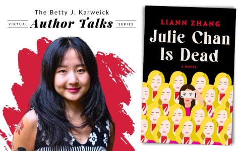 Author Liann Zhang next to her book, "Julie Chan is Dead"
