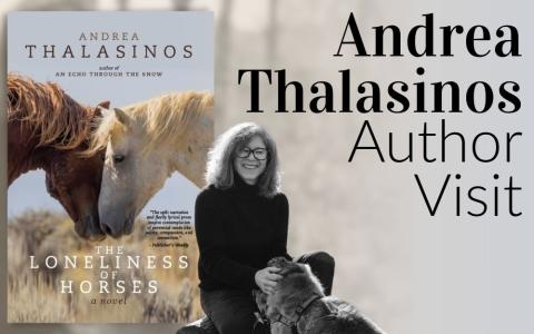 cover of "The Loneliness of Horses" book and the author smiling with her dog