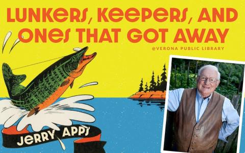 Photo of author Jerry Apps smiling outside in a blue dress shirt and brown leather buttoned vest with vintage looking lake and fish jumping in the background