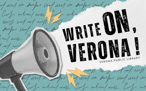 a halftone megaphone with torn paper and the words "Write on, Verona!" in big letters