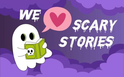 cute ghost reading a scary book with a speech bubble that has a heart inside
