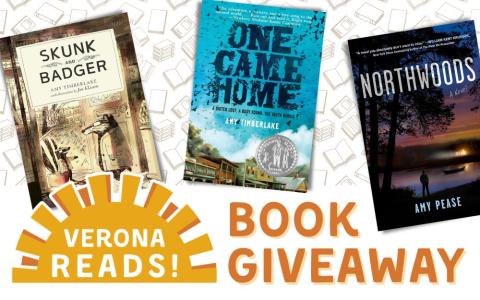 "Skunk and Badger", "One Came Home", and "Northwoods" book covers with a happy half sun that says "Verona Reads!"