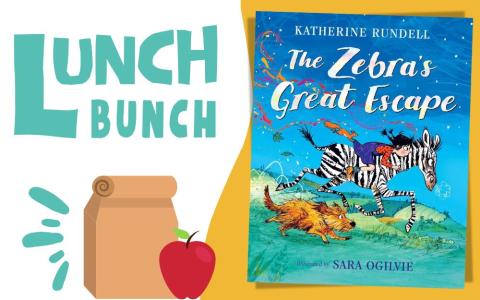 illustration of a bag lunch and apple and "The Zebra's Great Escape" book cover