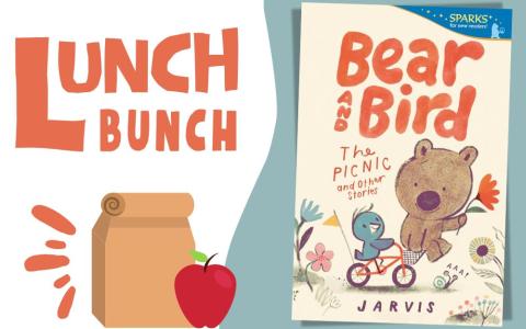 illustration of a bag lunch and apple and "Bear and Bird" book cover