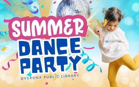 a girl with short pigtails is dancing with a bright blurry beach background with a disco ball, confetti, and a sunburst