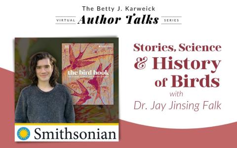 Dr. Jay Jinsing Falk of the Smithsonian next to a copy of their book, "The Bird Book: The Stories, Science, and History of Birds"