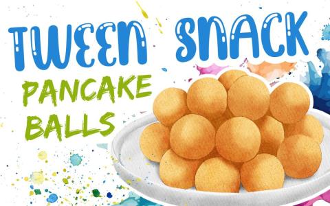 delicious looking pancake balls with bright blue, green, and pink watercolor in the background